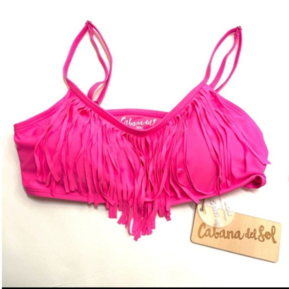 Cabana Del Sol Sz L Hot Pink Fringe Bikini Two - Picture 2 of 6